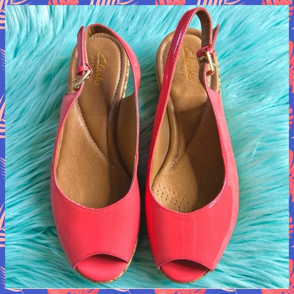 Clarks Artisan Patent LEATHER Coral Slingback Open Toe Wedge Sandals Women’s 5 - Picture 11 of 12